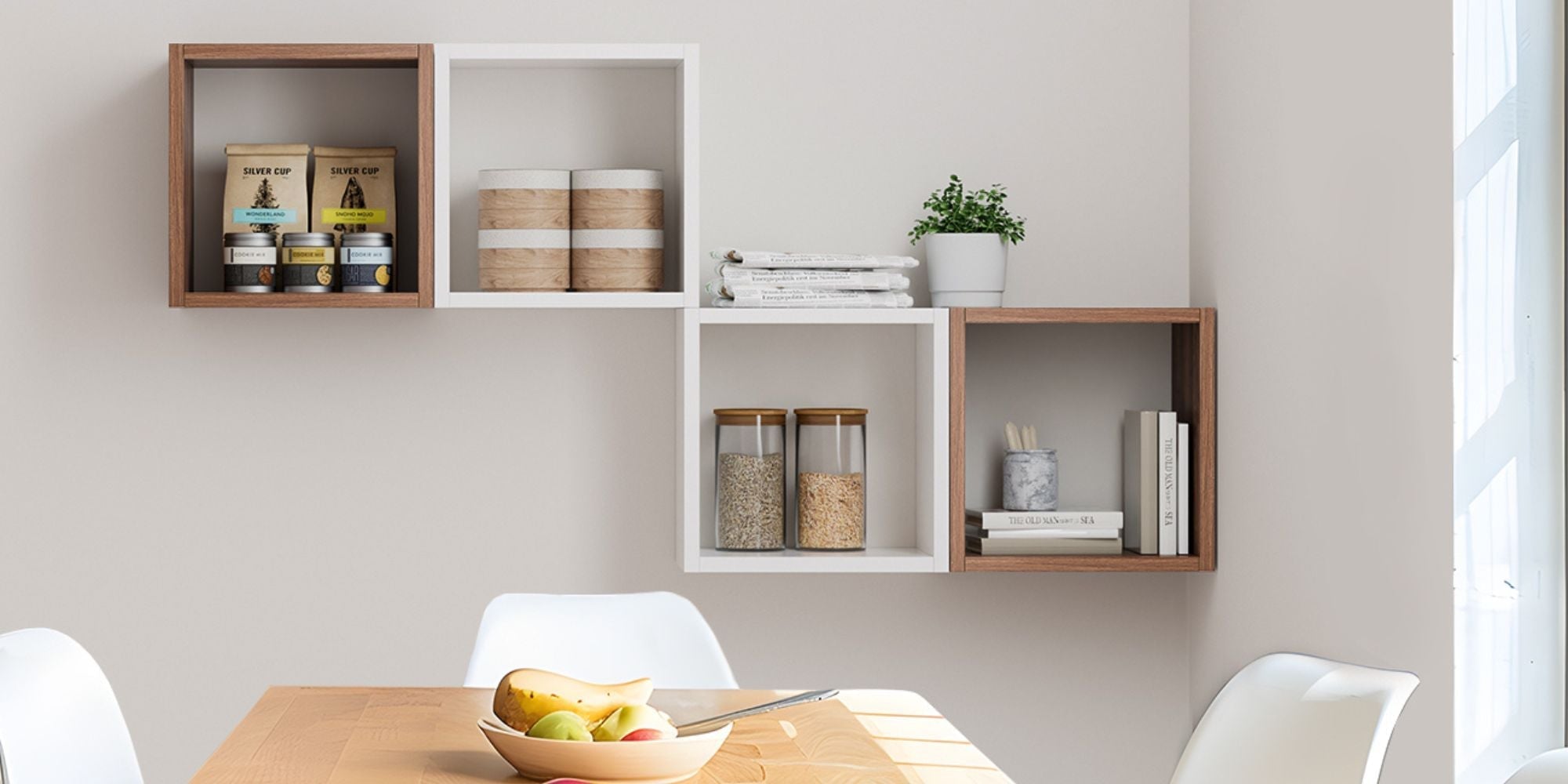 New Addition Cube Floating Shelves in Light Walnut and Dark Walnut