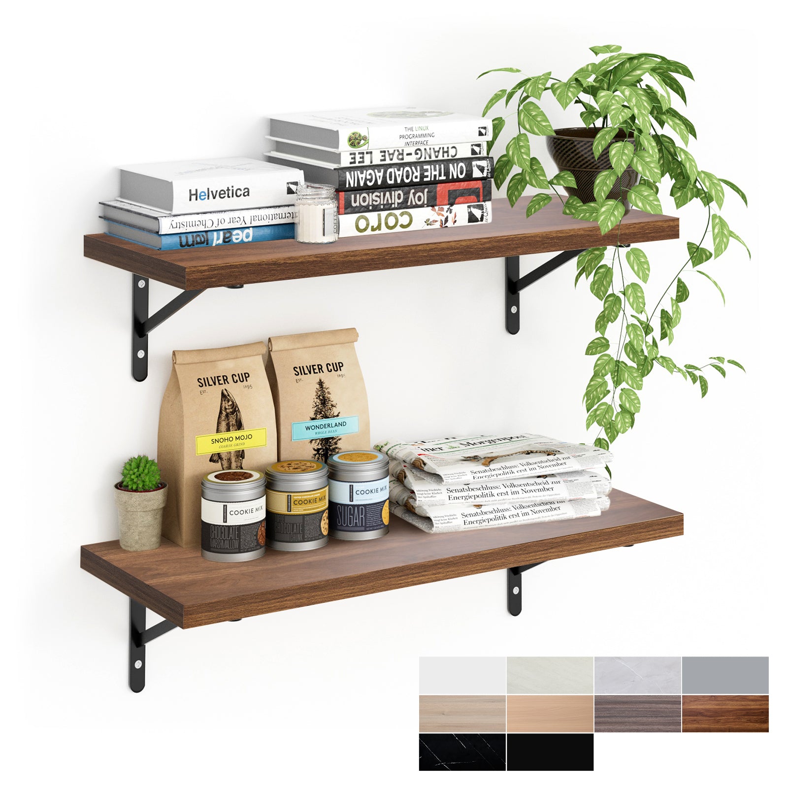 KABOON Floating Shelves for Wall, Set of 2--Dark Walnut